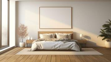 Warm sunlight falling on bed beige ai generated frame mockup bedroom photo