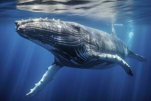 joven jorobado ballena en azul agua. ai generado foto