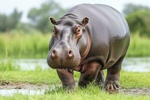 Hippopotamus Walking in a green field. AI Generated photo