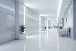 Interior design of a modern luxurious white building corridor or hallway with waiting seat. AI Generated photo