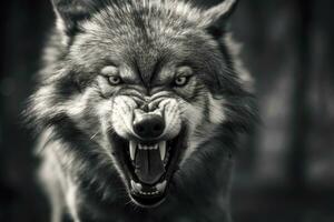 Greyscale closeup shot of an angry wolf with a blurred background. AI Generated photo