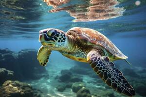 verde Tortuga a el Agua de mar. ai generado foto