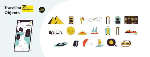 Travelling 2D linear cartoon objects bundle. Leisure activities, tourist baggage isolated line vector elements white background. Flight plane, water sports color flat spot illustration collection