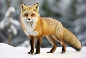 Red fox standing on snow. AI Generated. photo