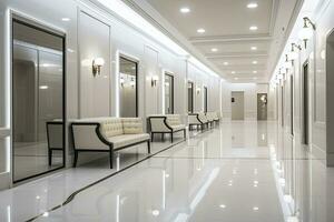 Interior design of a modern luxurious white building corridor or hallway with waiting seat. AI Generated photo