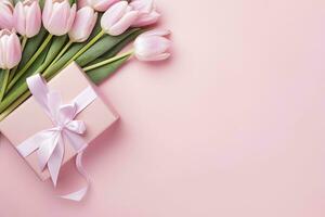 Mother's Day concept. Pink gift box with ribbon bow and a bouquet of tulips.  AI Generated photo