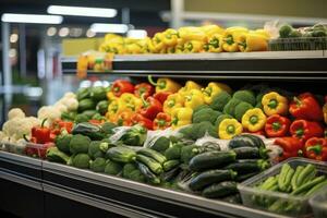 Fruits and vegetables on shop stand in supermarket grocery store. AI Generated photo