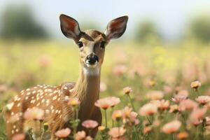 Female roe deer with beautiful flower. AI Generated photo