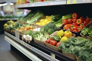 frutas y vegetales en tienda estar en supermercado tienda de comestibles almacenar. ai generado foto