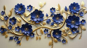 elegante oro y real azul floral árbol con hojas y flores colgando ramas ilustración antecedentes. ai generado. foto