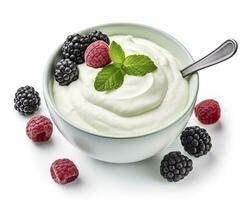 Green bowl of greek yogurt and fresh berries isolated on white background. AI Generated photo