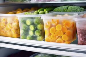 Frozen food in the freezer. Frozen vegetables. AI Generated photo