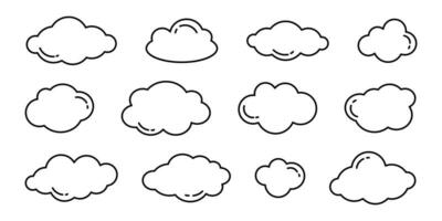 Vector set of cute doodle outline clouds. Simple cloud childish collection in black contour. Sky clouds isolated on white.