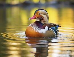 Closeup of mandarin duck swimming in lake. generative AI. photo