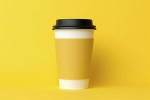 Blank coffee cup isolated on yellow background. AI Generated photo