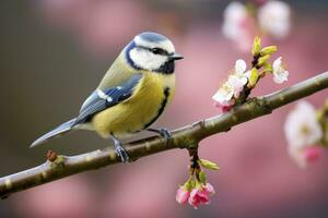 A Bluetit bird resting on the branch of a tree. AI Generated. photo