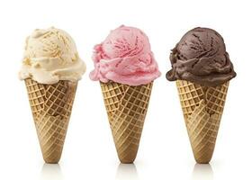 Chocolate, vanilla and strawberry Ice cream in the cone on white background. AI Generated photo