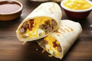 Breakfast burrito with sausage, eggs, hashbrown and cheese. AI Generated photo