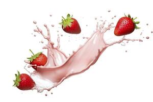 milk or yogurt splash with strawberries isolated on white background, 3d rendering. AI Generated photo