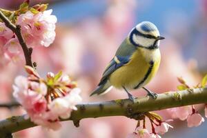 A Bluetit bird resting on the branch of a tree. AI Generated. photo