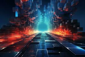 Abstract background image with cubes in blue and orange tones in space. Generated by artificial intelligence photo