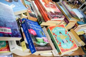 New Delhi, India, September 09 2023 - Variety of Books on shelf inside a book-stall at Delhi International Book Fair, Selection of books on display in Annual Book Fair. photo