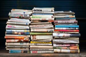 Tres pilas de antiguo periódicos y revistas generado por artificial inteligencia foto