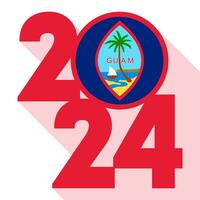 Happy New Year 2024, long shadow banner with Guam flag inside. Vector illustration.
