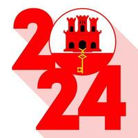 Happy New Year 2024, long shadow banner with Gibraltar flag inside. Vector illustration.