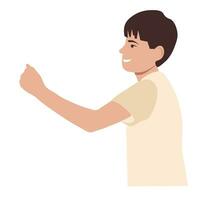 Angry Kid threatened with a Fist vector stock illustration. The boy waves his fist with a smile. Child aggression. Teenager. Isolated on a white background.