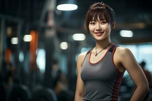 Beautiful asian girl in sportswear inside the gym Generative AI photo