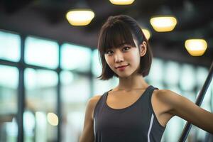 hermosa asiático niña en ropa de deporte dentro el gimnasio generativo ai foto