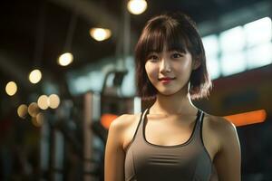 Beautiful asian girl in sportswear inside the gym Generative AI photo