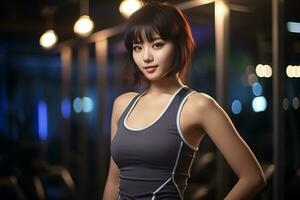 Beautiful asian girl in sportswear inside the gym Generative AI photo