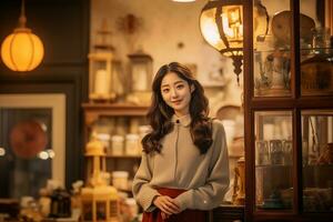 hermosa coreano niña dentro de un retro tienda generativo ai foto