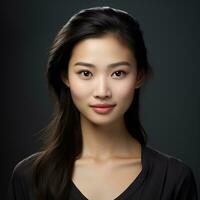 Asian girl facial features such as expressive and pleasing smile Generative AI photo