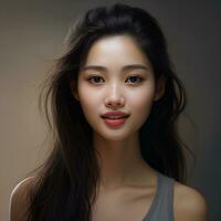 Asian girl facial features such as expressive and pleasing smile Generative AI photo