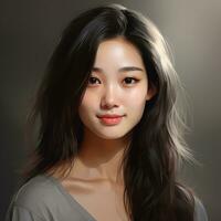 Asian girl facial features such as expressive and pleasing smile Generative AI photo