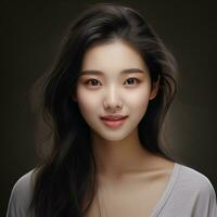 Asian girl facial features such as expressive and pleasing smile Generative AI photo