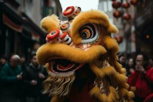 Lunar New Year parade with intricately designed traditional dragon and lion dance costumes Generative AI photo