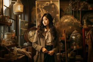 Beautiful Korean girl inside of a retro shop Generative AI photo