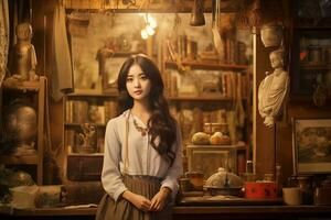 Beautiful Korean girl inside of a retro shop Generative AI photo