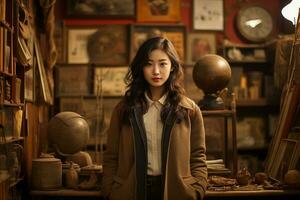 Beautiful Korean girl inside of a retro shop Generative AI photo