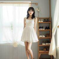 Beautiful asian girl wearing white dress Generative AI photo