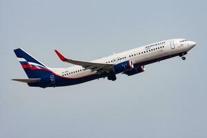 Aeroflot passenger plane at airport. Schedule flight travel. Aviation and aircraft. Air transport. Global international transportation. Fly and flying. photo