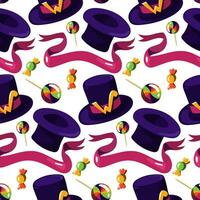 A pattern with a purple hat with sweets and a ribbon with the letter W. The world of the creator of chocolate sweets. The chocolate factory. Seamless ornament on a white background for textiles, paper vector