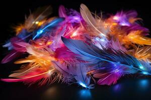 Multicolored bird feathers with neon glow. Bright background. Generated by artificial intelligence photo
