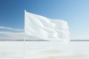 An empty white waving flag on a clear sky in a vacant lot. Generative AI photo