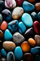 Vertical wallpaper made of multi-colored beach stones. Background of colored pebbles. Generative AI photo