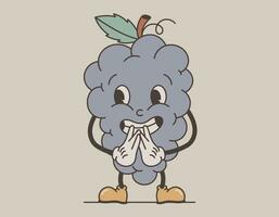 Funny retro groovy fruit character. Vector isolated excited smiling bunch of grapes, old cartoon style.